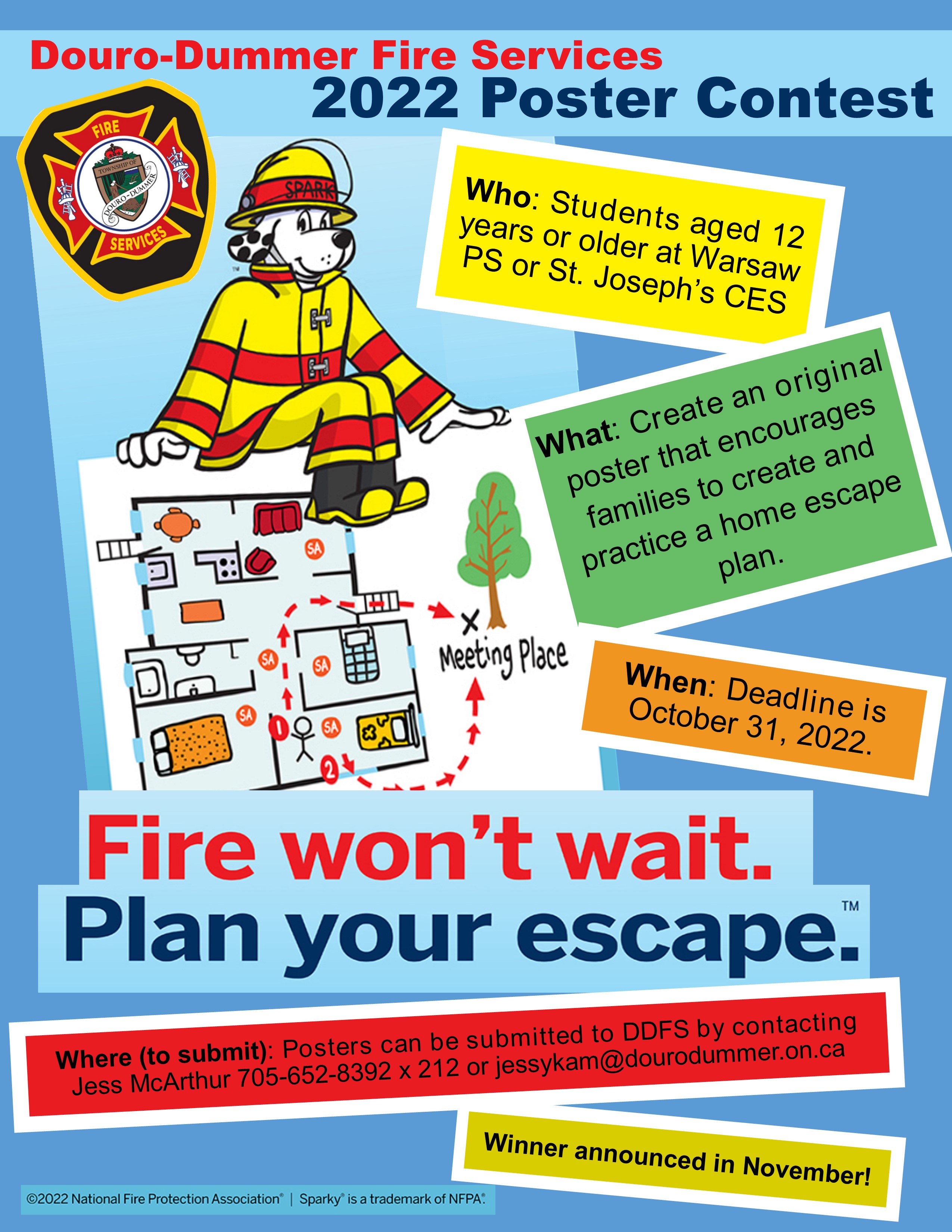 Colourful poster advertising poster contest for 2022 fire prevention week, includes Sparky the dog and a cartoon home escape plan.  