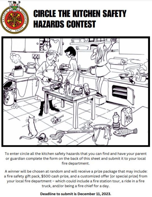 Ontario Association of Fire Chiefs' cirlce the kitchen danger contest form, shows a black and white cartoon of a busy family in the kitchen with various dangerous situations. 