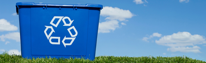 Image of a blue recycling bin sitting on green grass with a clear blue sky in the background.